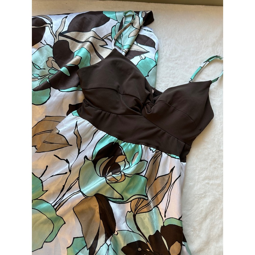 Candie's Y2K Floral Maxi Dress XL Brown Aqua Empire Waist Satin 2000s Boho Indie - Picture 4 of 11